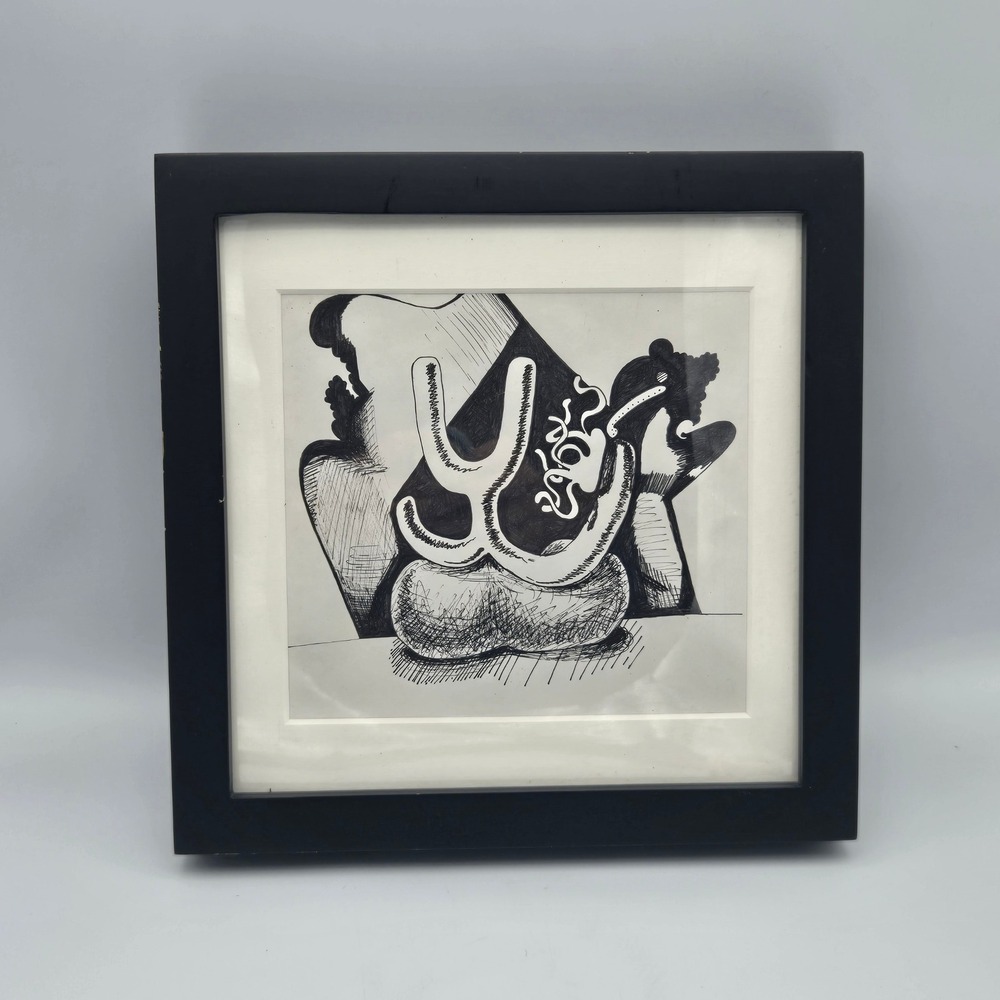 Original Surrealist Ink Drawing Wall Art Abstract 9x9 Matted Framed Dali Style